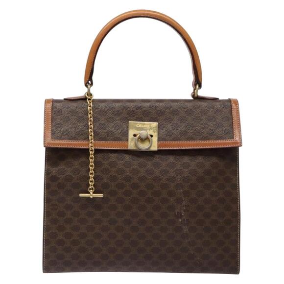 CELINE Macadam Canvas Hand Bag Pvc Leather Brown Gold - Picture 2 of 13